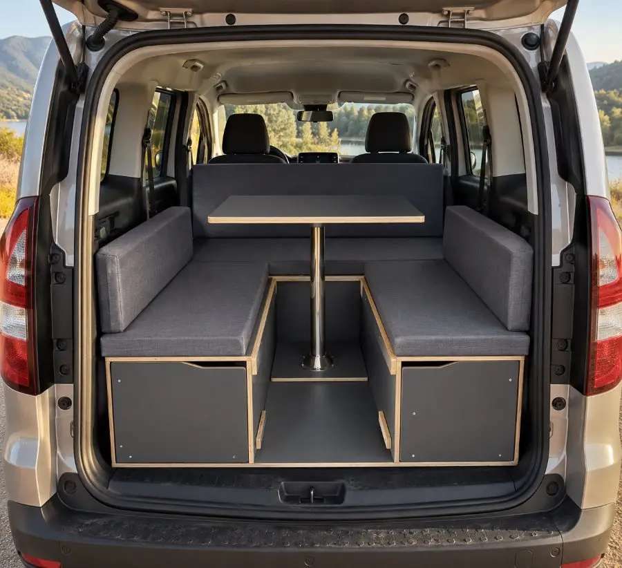 Kit camper per van in HPL grigio antracite in modalità salotto